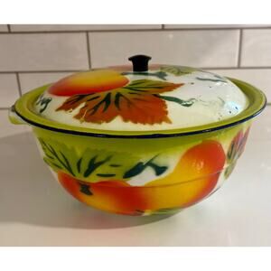 Vintage Enamel Green and White Fruit Motif Bowl with Lid from the 1950s